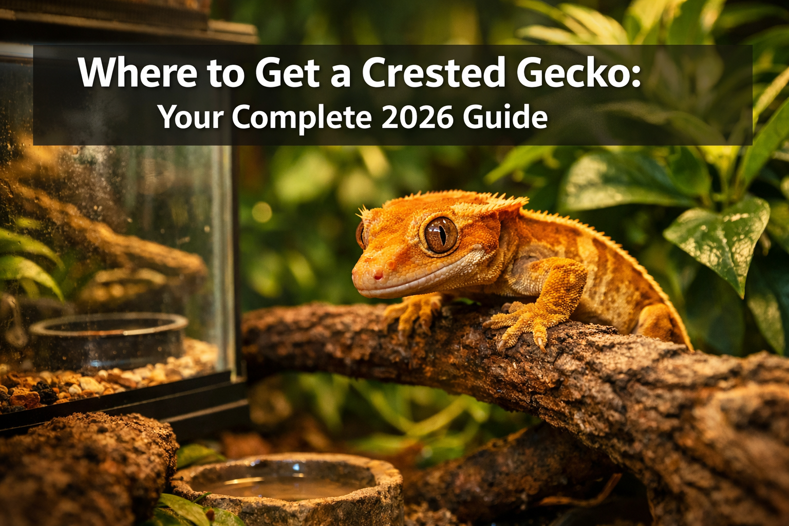 Professional landscape format (1536x1024) hero image featuring bold text overlay 'Where to Get a Crested Gecko: Your Complete 2026 Guide' in
