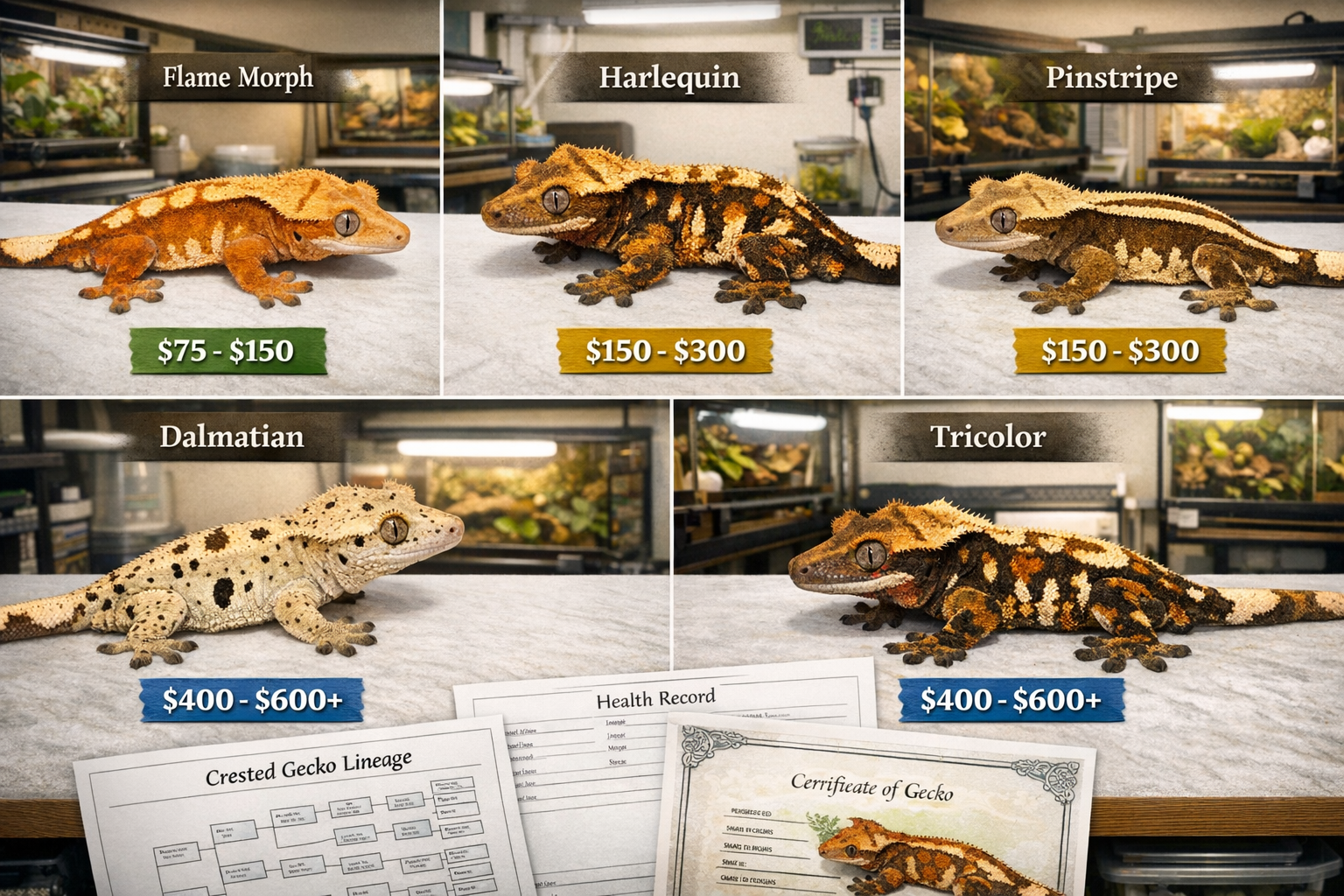 Landscape format (1536x1024) detailed visual guide showing crested gecko morphs available from different sources: split-screen composition w