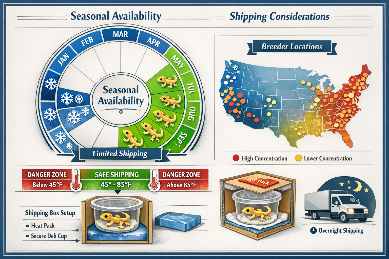 Landscape format (1536x1024) seasonal availability calendar and shipping considerations infographic: circular calendar wheel showing 12 mont