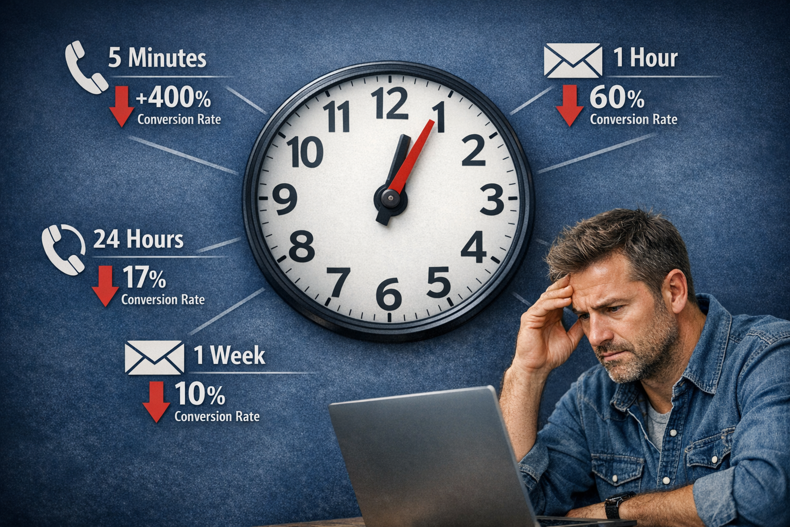() infographic showing lead response time statistics with large clock face as central element, multiple phone icons and