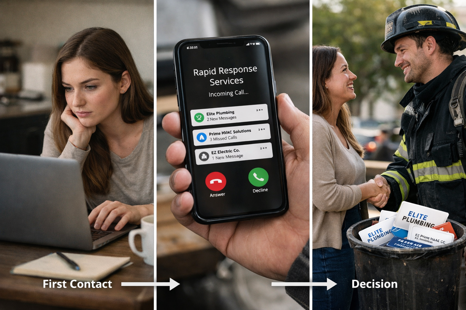 Split-screen () illustration depicting buyer psychology journey: left panel shows potential customer at computer researching
