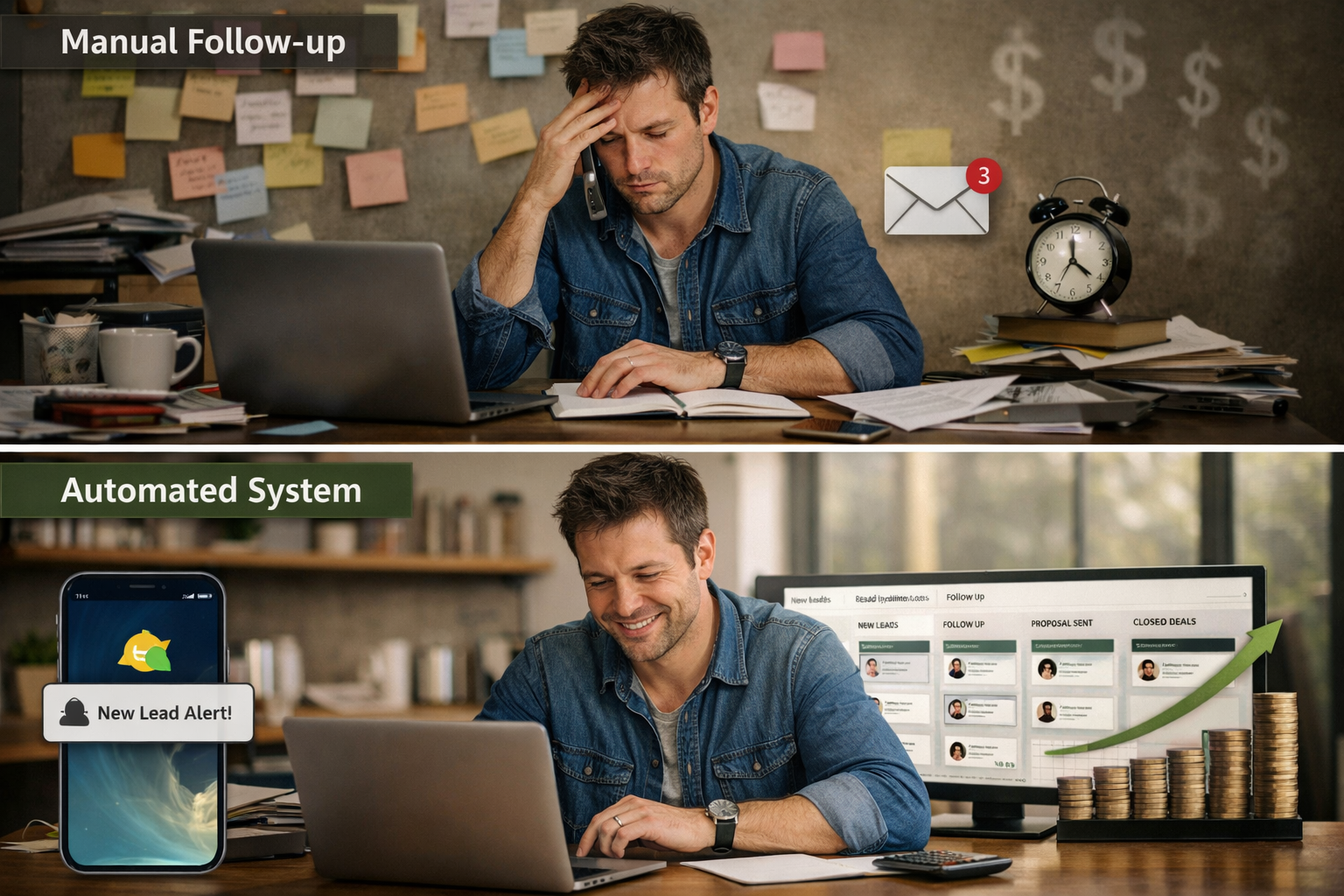 () visual comparison showing two parallel timelines: top timeline labeled 'Manual Follow-up' displays scattered sticky