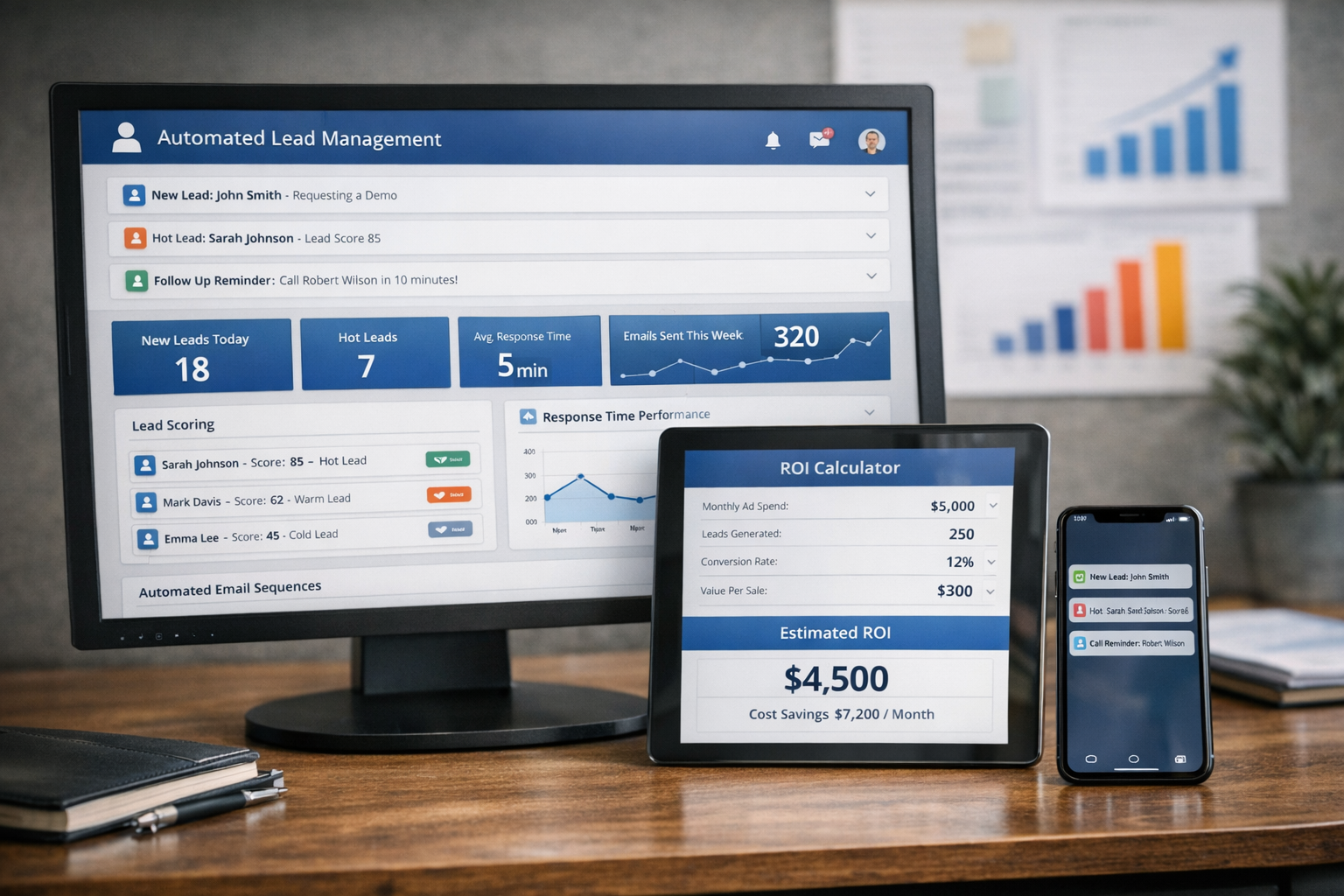 () dashboard mockup showing automated lead management system interface with real-time notifications, lead scoring metrics,