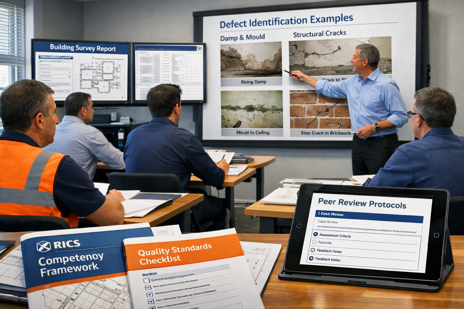 Detailed () image showing professional training environment with multiple surveyors in classroom setting reviewing building