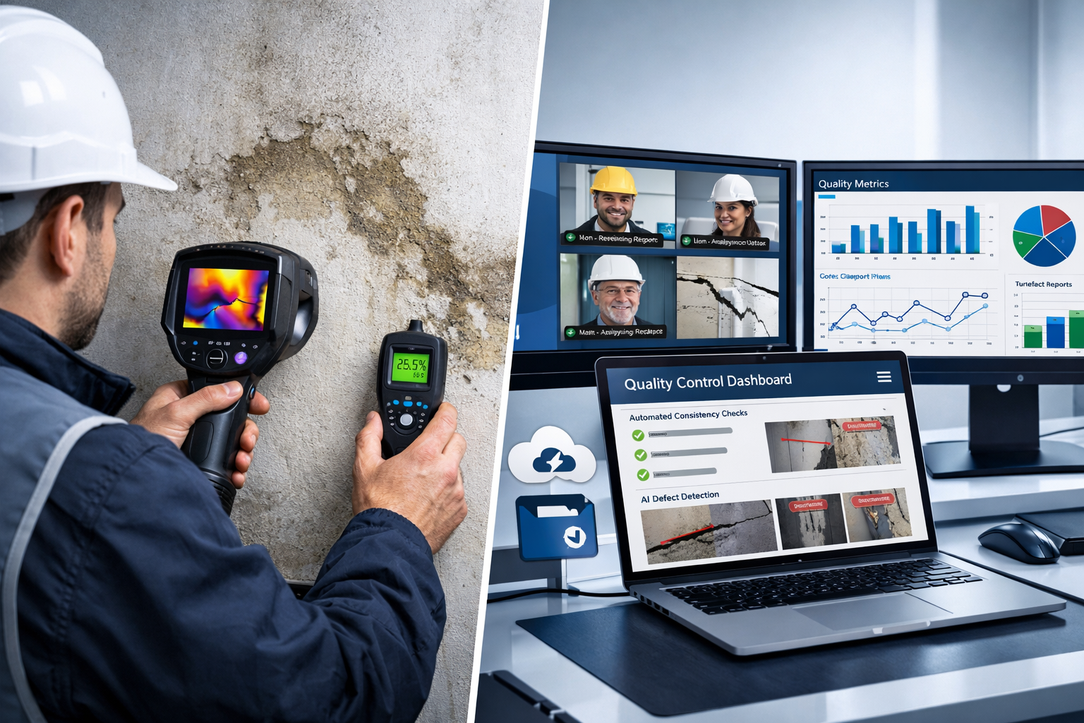 Wide-angle () image depicting modern surveying technology in action: split-screen composition showing surveyor using thermal