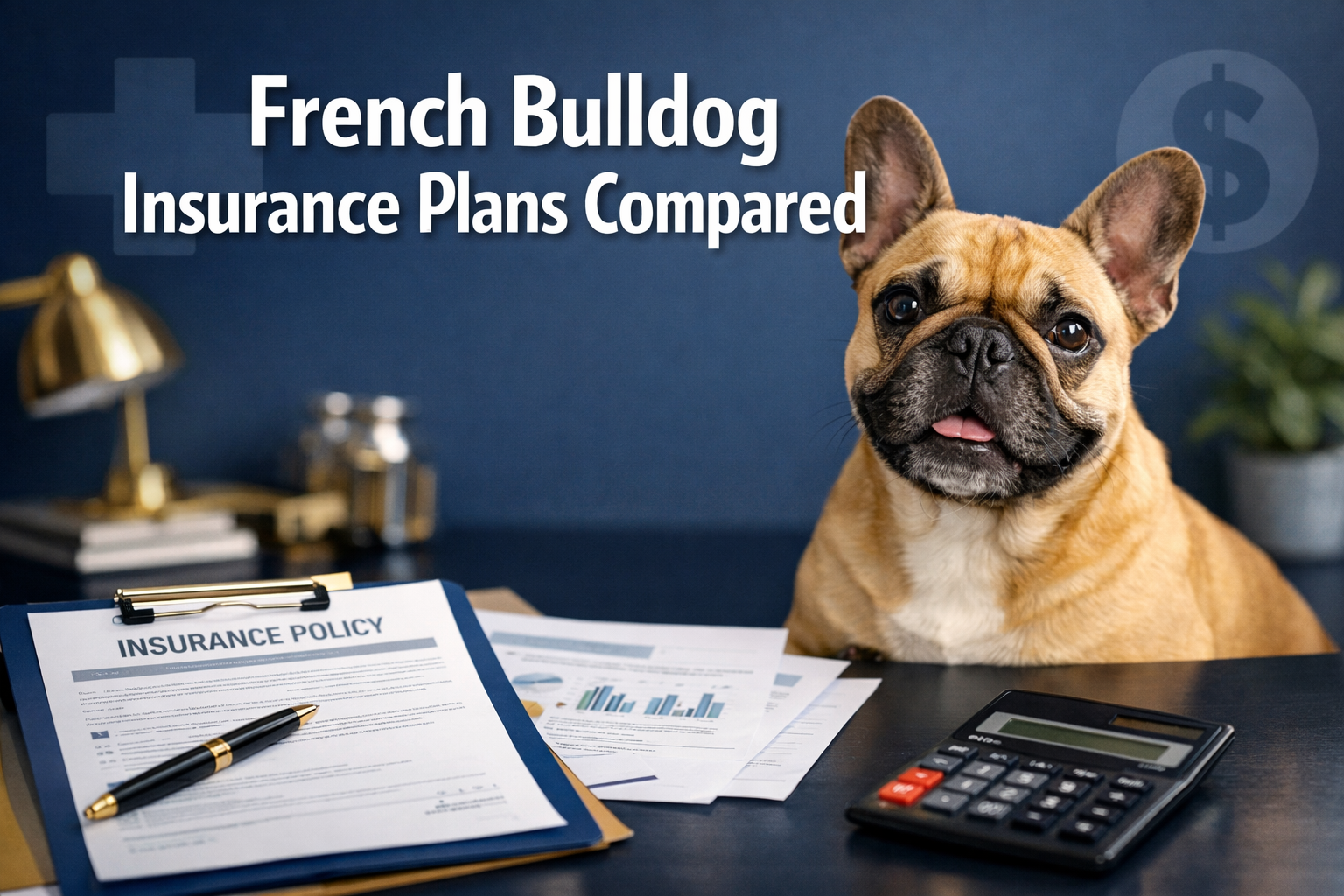 Professional landscape format (1536x1024) hero image with bold text overlay 'French Bulldog Insurance Plans Compared' in extra large 70pt wh