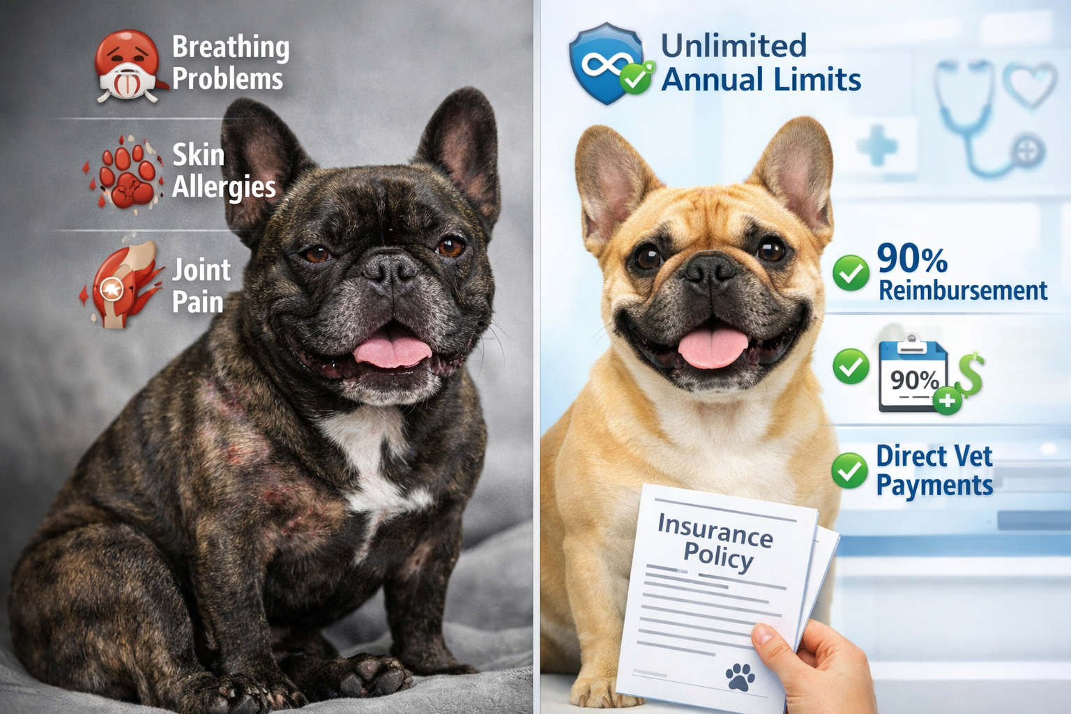 Portrait format (1024x1536) split-screen comparison showing French Bulldog with common health issues (breathing problems, skin allergies, jo