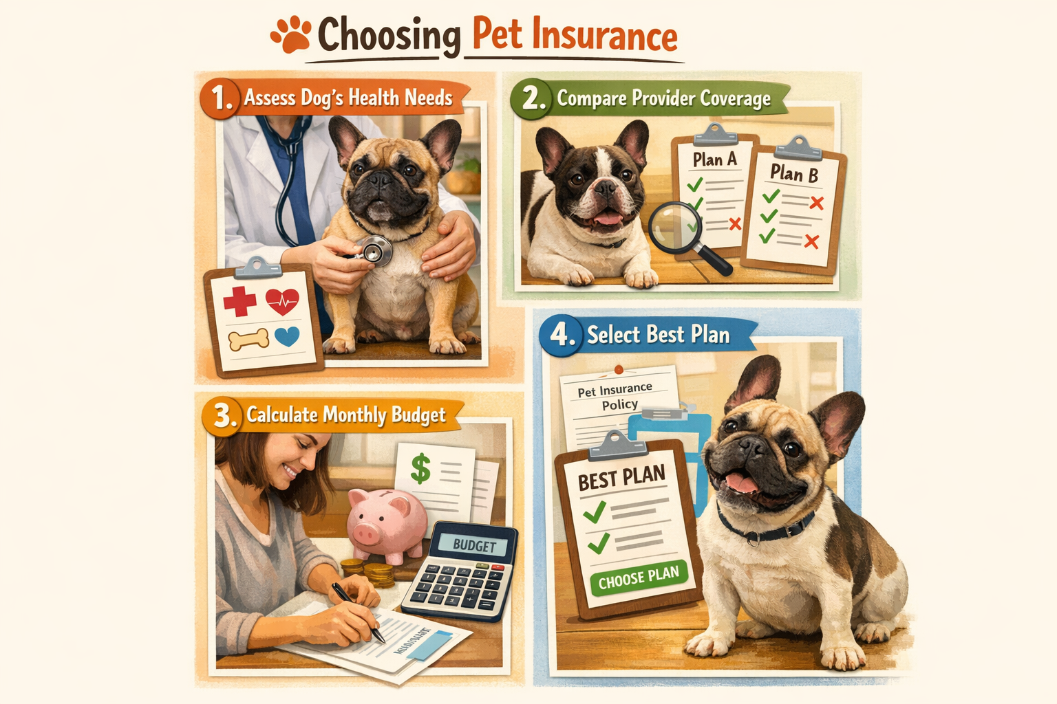 Portrait format (1024x1536) step-by-step visual guide showing French Bulldog owner choosing insurance plan. Four numbered steps with icons: