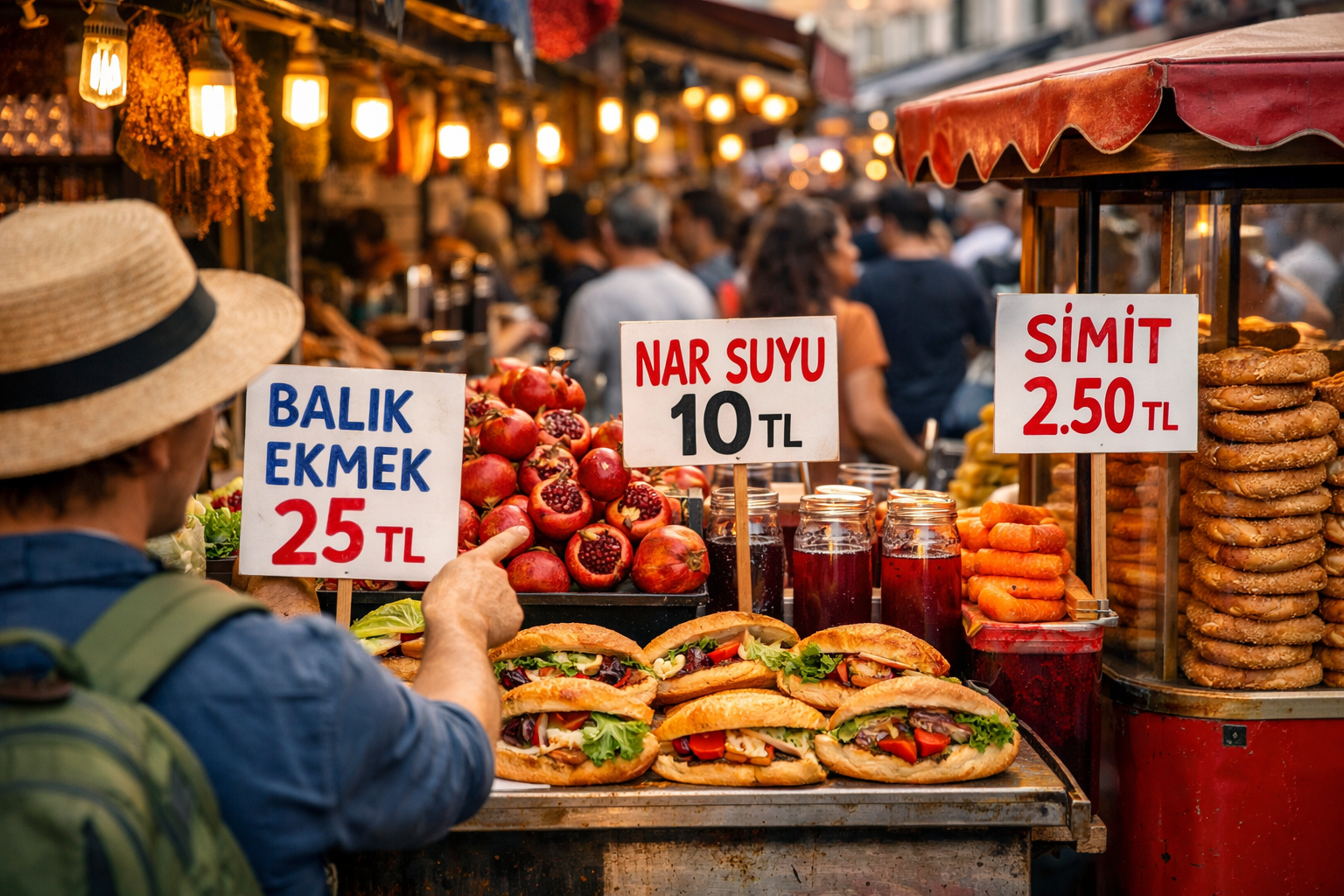 () editorial photograph of a vibrant Istanbul street food scene in Kadikoy market district, showing a traveler pointing at a