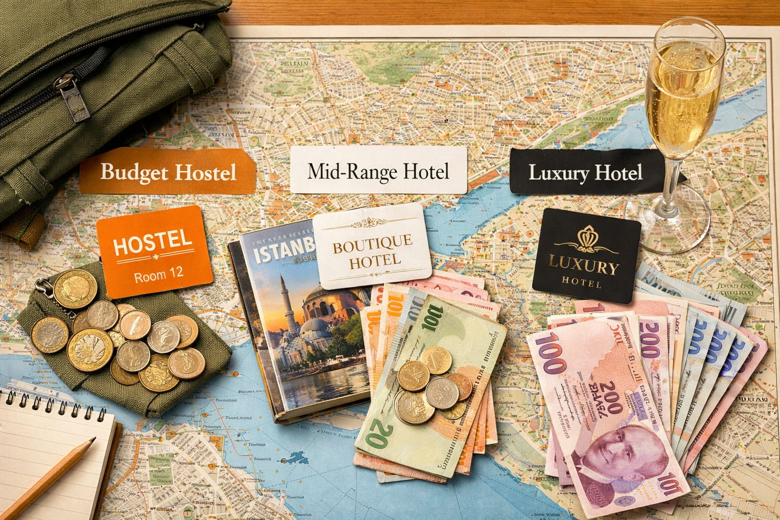 () overhead flat-lay style editorial photograph of a hotel room desk showing three distinct travel budget setups side by
