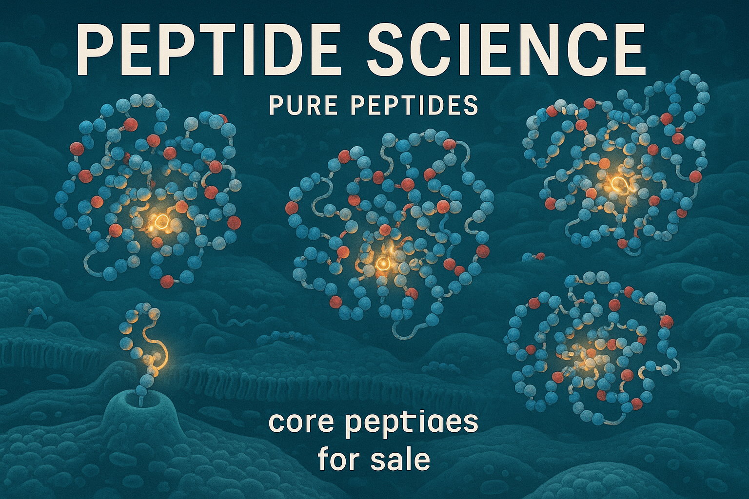 An intricate scientific illustration depicting the molecular structure of various core peptides, specifically highlighting the amino acid ch