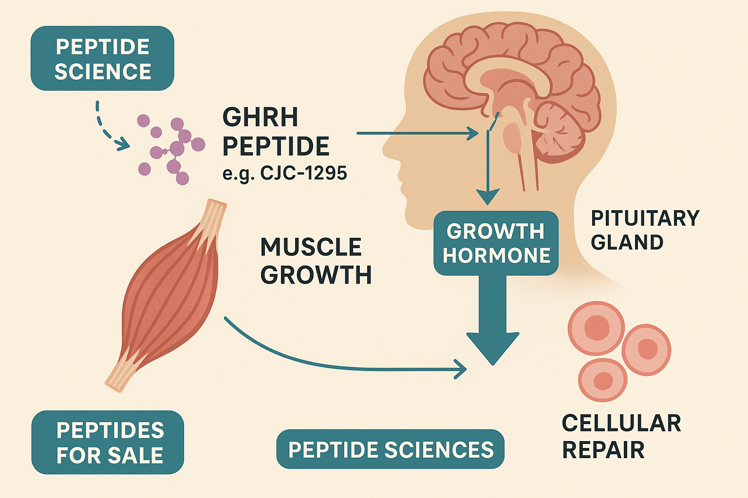 An illustrative infographic visualizing the journey of growth hormone-releasing hormone (GHRH) peptides, such as CJC-1295, within the human 