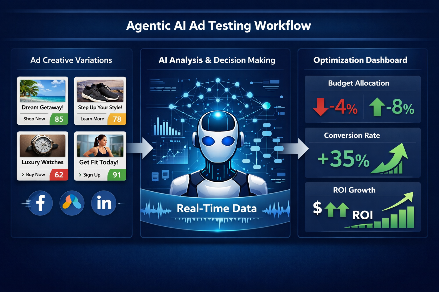 Landscape format (1536x1024) detailed infographic showing agentic AI ad testing workflow with three connected panels: left panel displays mu