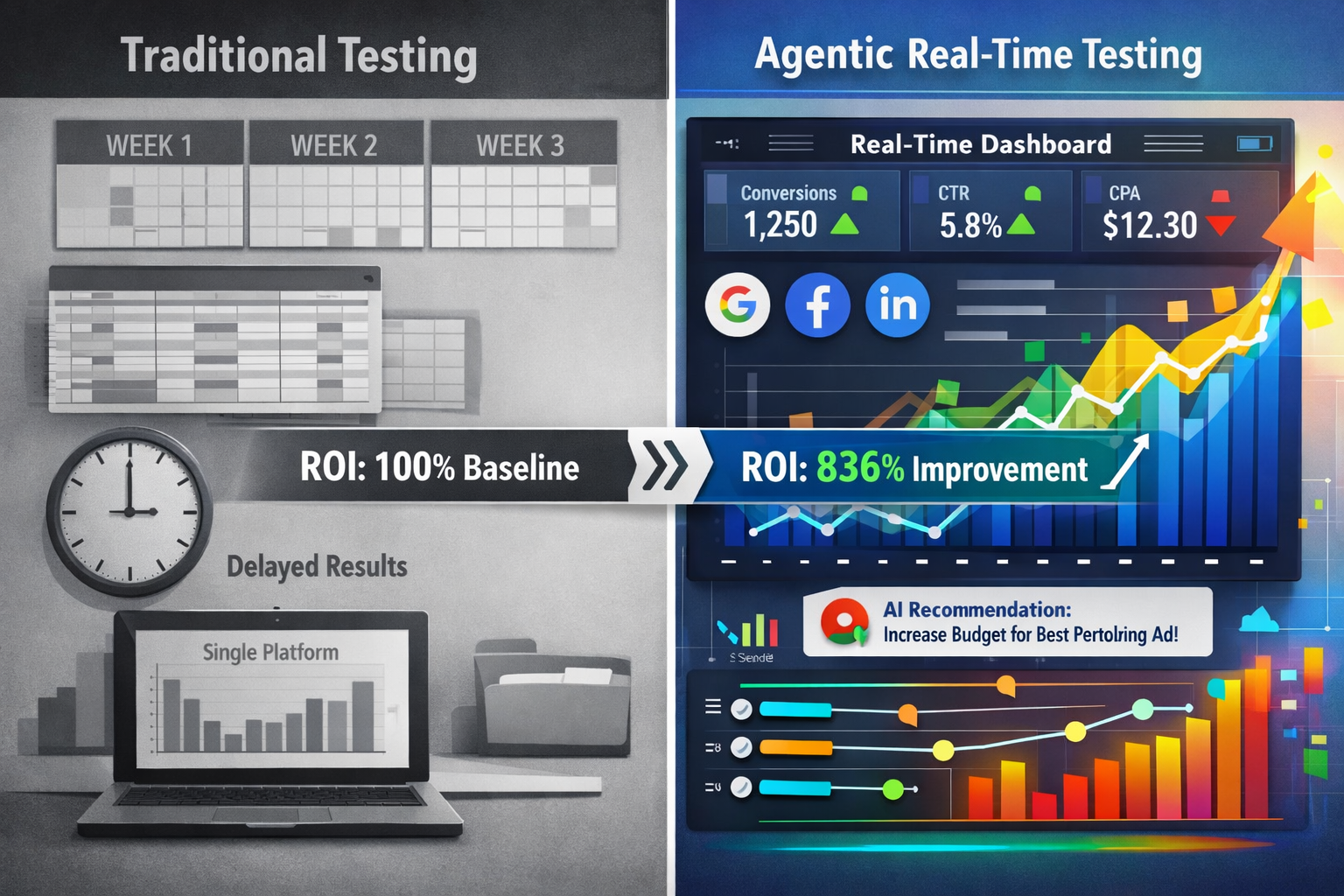 Landscape format (1536x1024) split-screen comparison visualization showing traditional vs agentic ad testing approaches. Left side labeled '