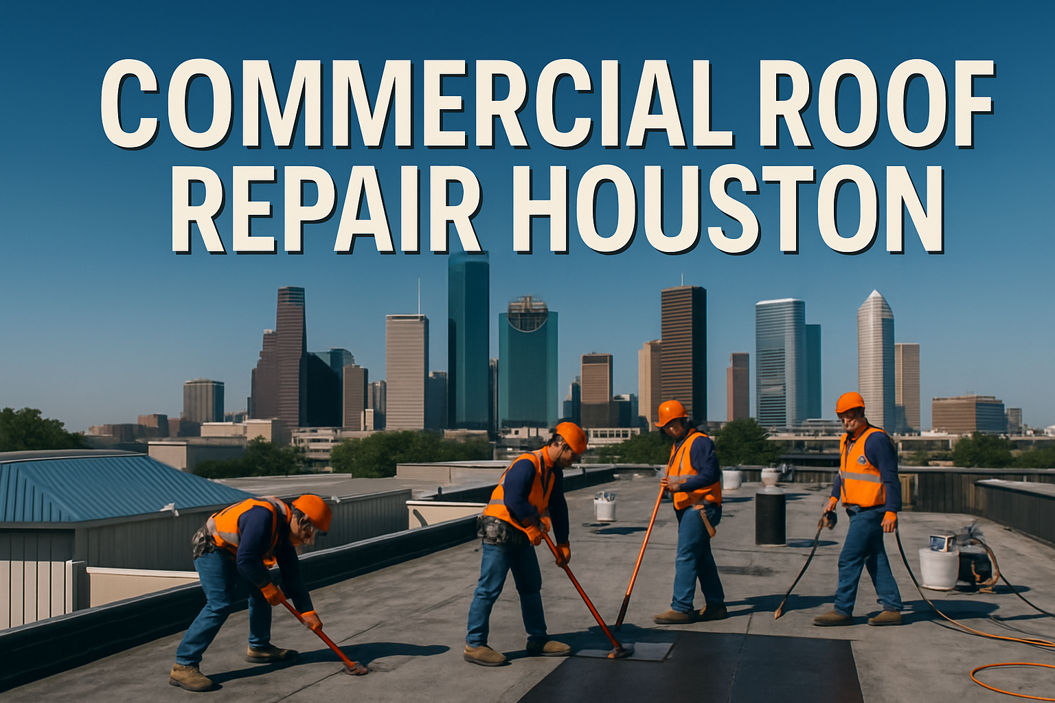 Professional landscape hero image (1536x1024) featuring bold text overlay 'Commercial Roof Repair Houston' in extra large 72pt white sans-se