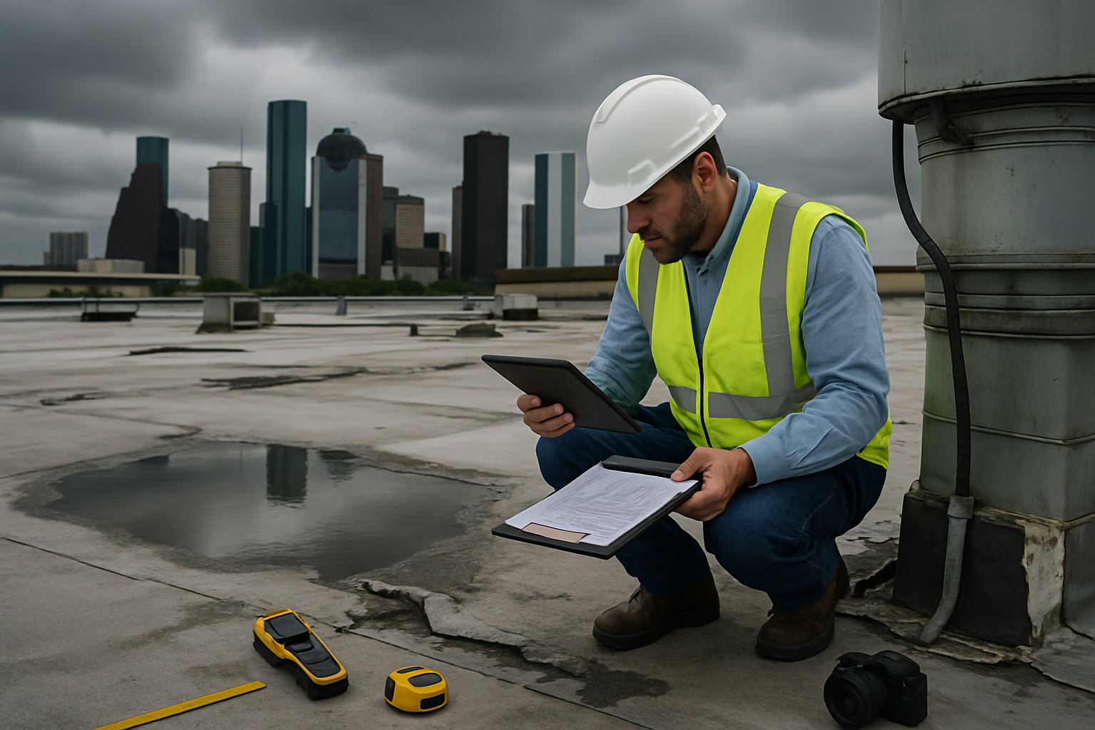 Detailed commercial roofing damage assessment scene (1536x1024) showing professional inspector in hard hat and safety vest examining damaged