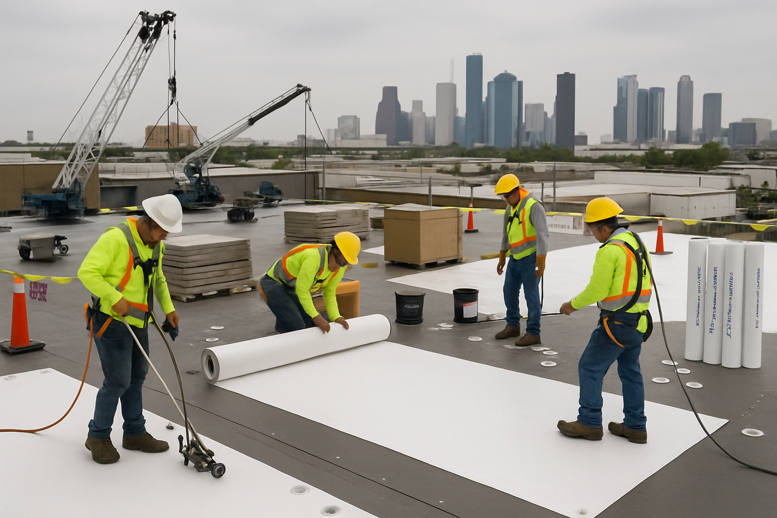 Houston commercial roofing repair crew in action (1536x1024) with workers installing new TPO membrane on large flat commercial building. Hea