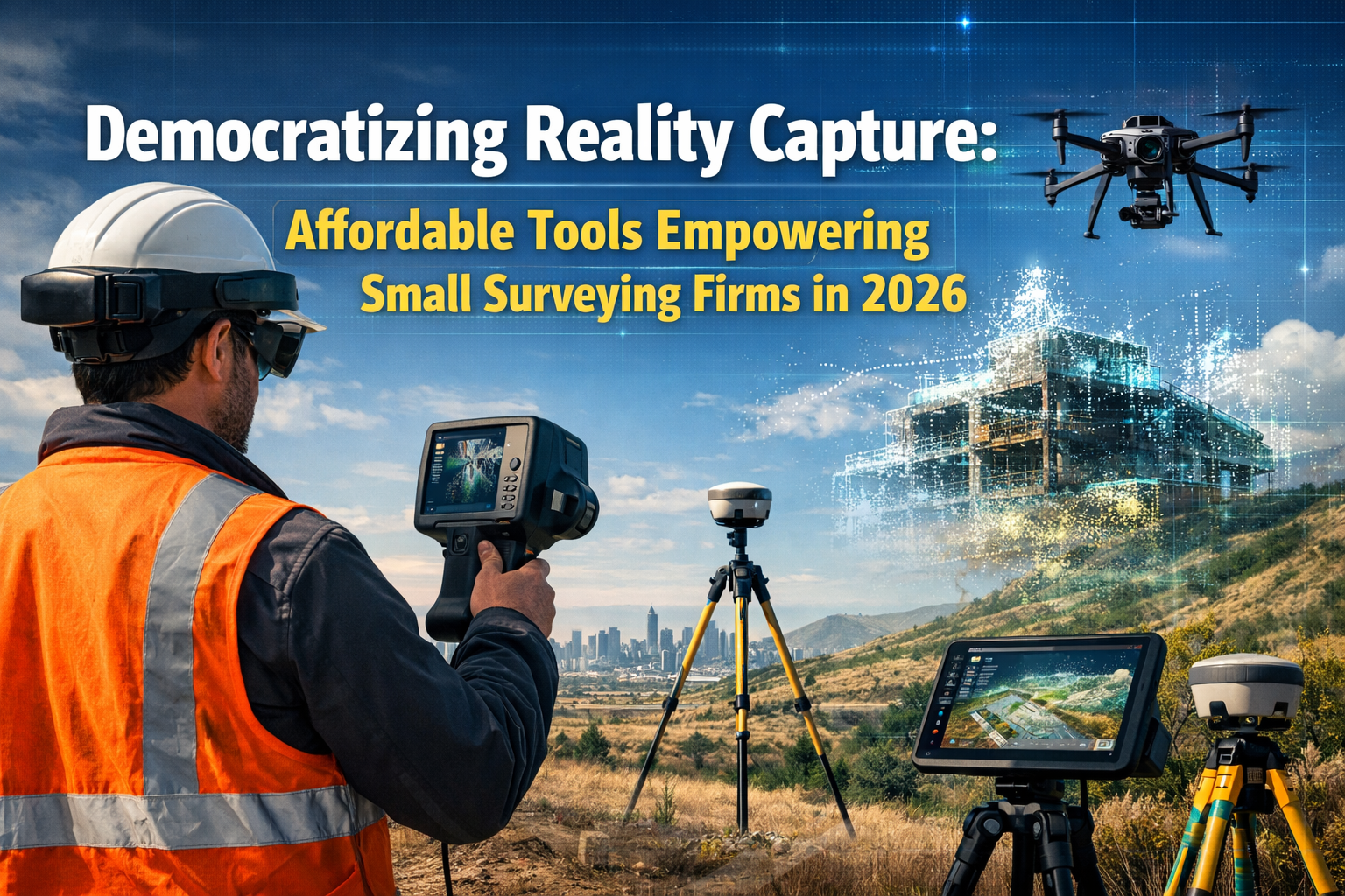 Professional landscape hero image (1536x1024) with bold text overlay: "Democratizing Reality Capture: Affordable Tools Empowering Small Surv