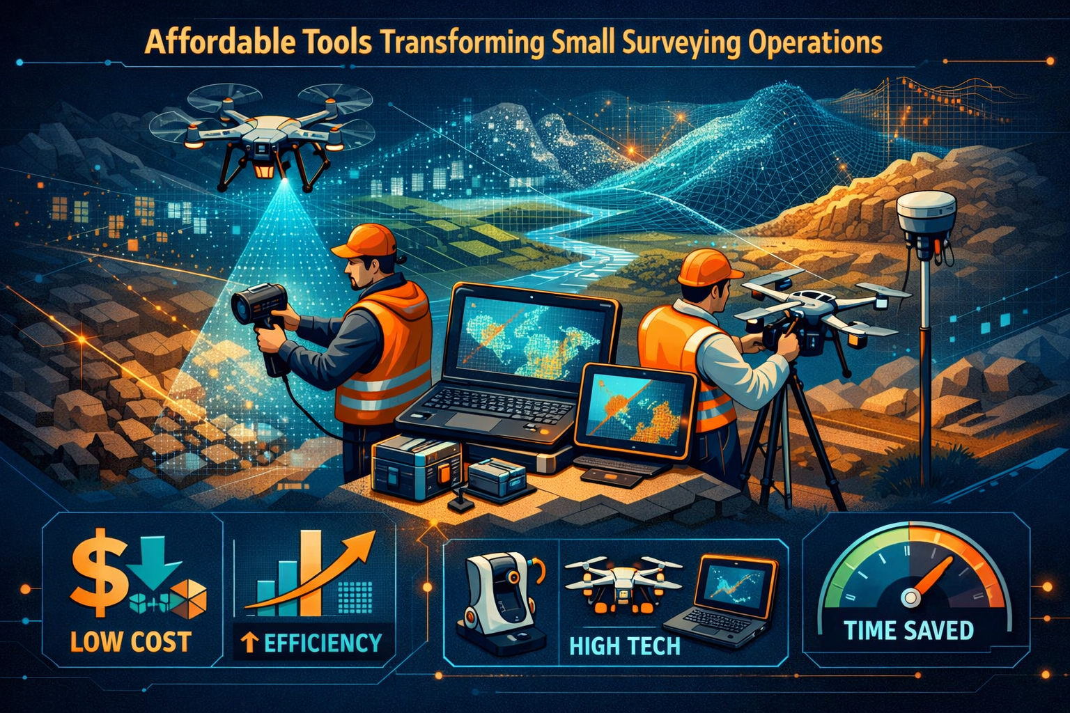Graphic representation for 'Affordable Tools Transforming Small Surveying Operations' section: Detailed isometric illustration showcasing co
