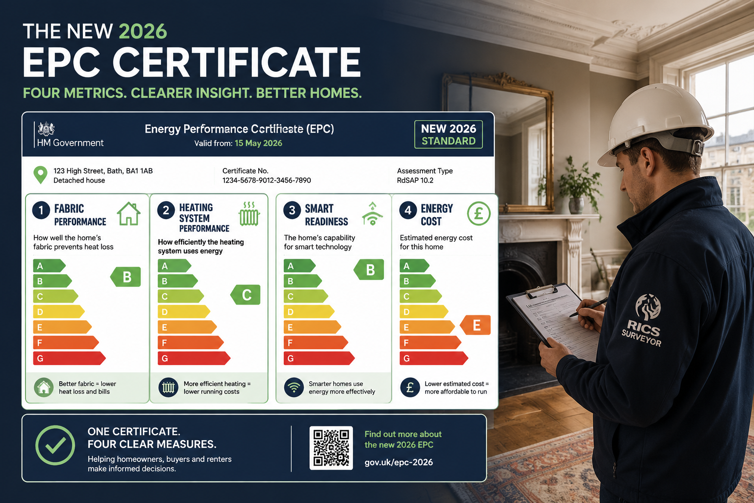 Detailed () infographic-style illustration showing the new 2026 four-metric EPC certificate design with four distinct panels