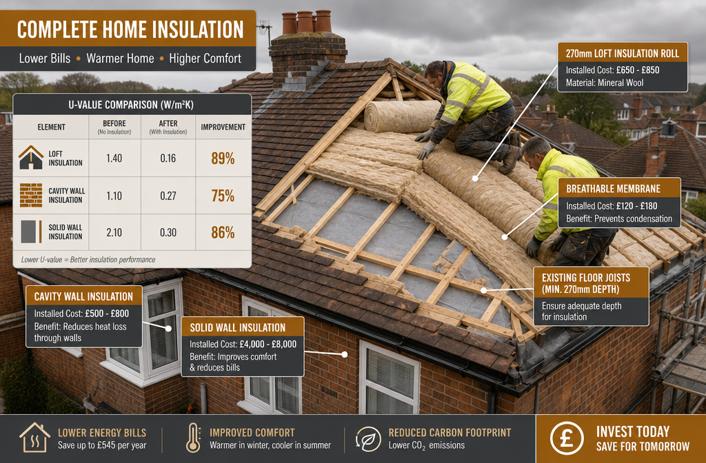 () close-up aerial perspective of a UK semi-detached house roof being fitted with 270mm loft insulation rolls by two workers