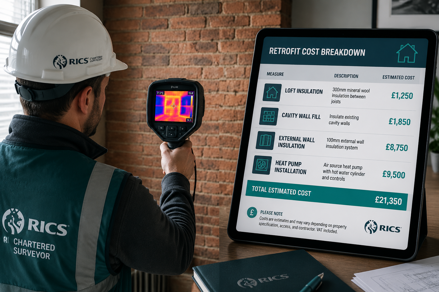 () split-scene image: left side shows a RICS chartered surveyor using a thermal imaging camera on a solid brick wall