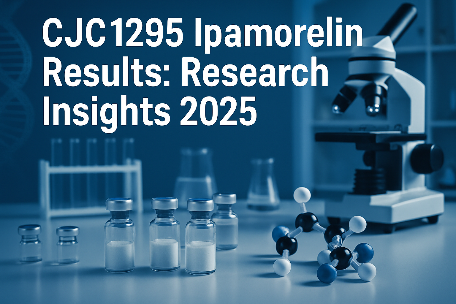Professional landscape hero image (1536x1024) featuring bold text overlay 'CJC1295 Ipamorelin Results: Research Insights 2025' in extra larg