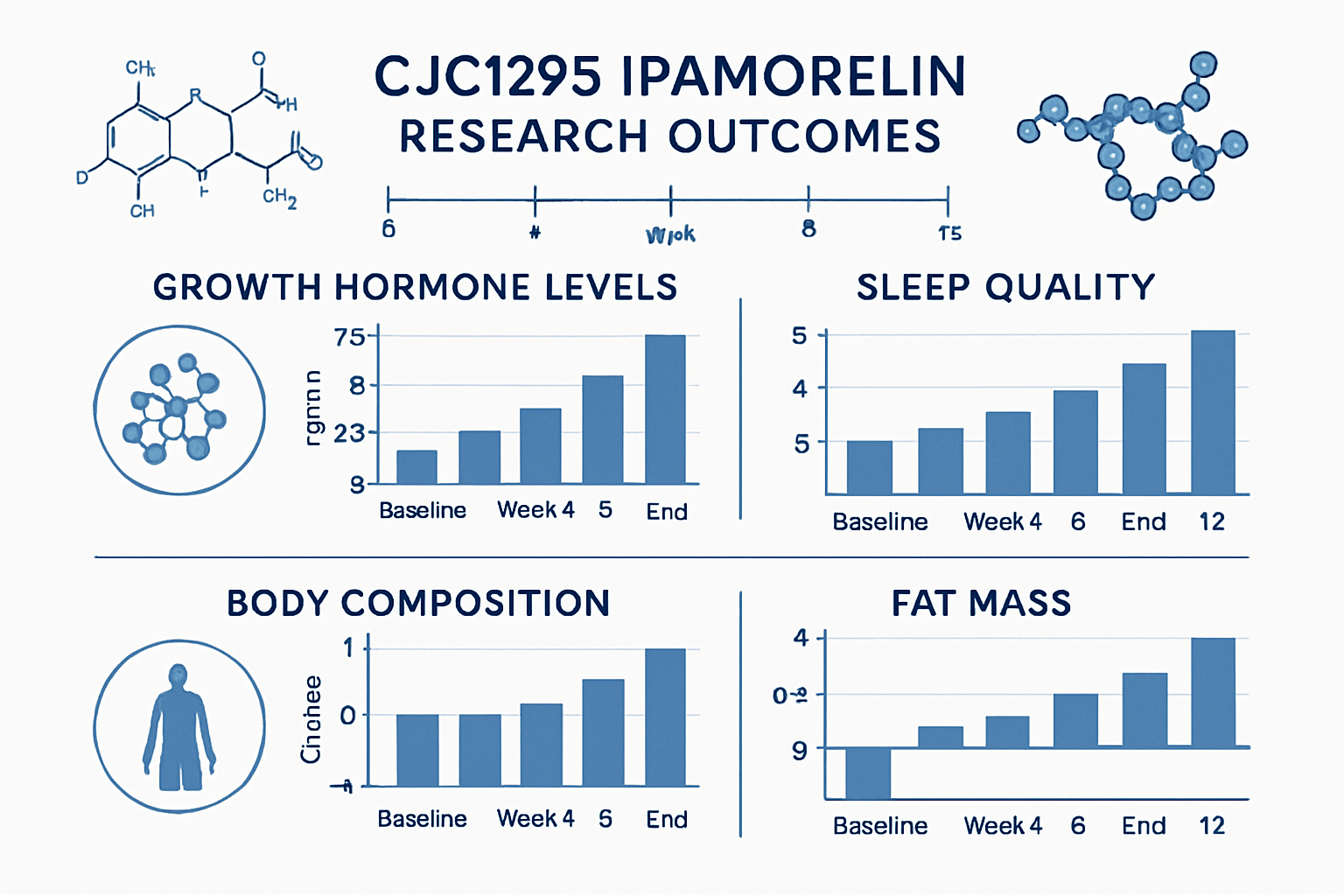 Scientific infographic showing timeline of CJC1295 ipamorelin research outcomes over 12-week study period, featuring bar charts displaying g