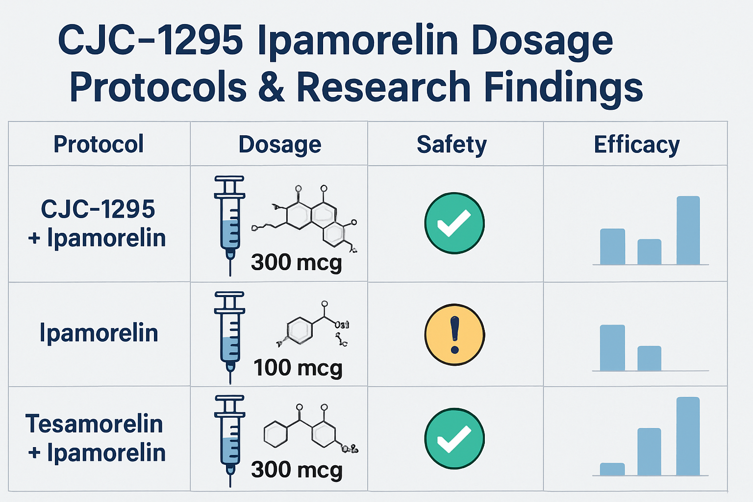 Detailed comparison chart displaying CJC1295 ipamorelin dosage protocols and corresponding research findings, featuring side-by-side analysi