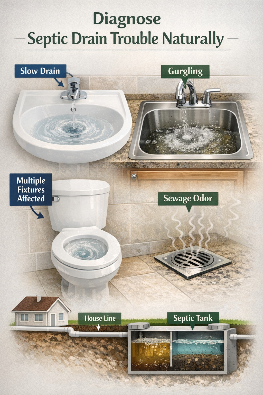 Pinterest-style infographic image focused on diagnosing septic drain trouble naturally. Show a bathroom sink and kitchen