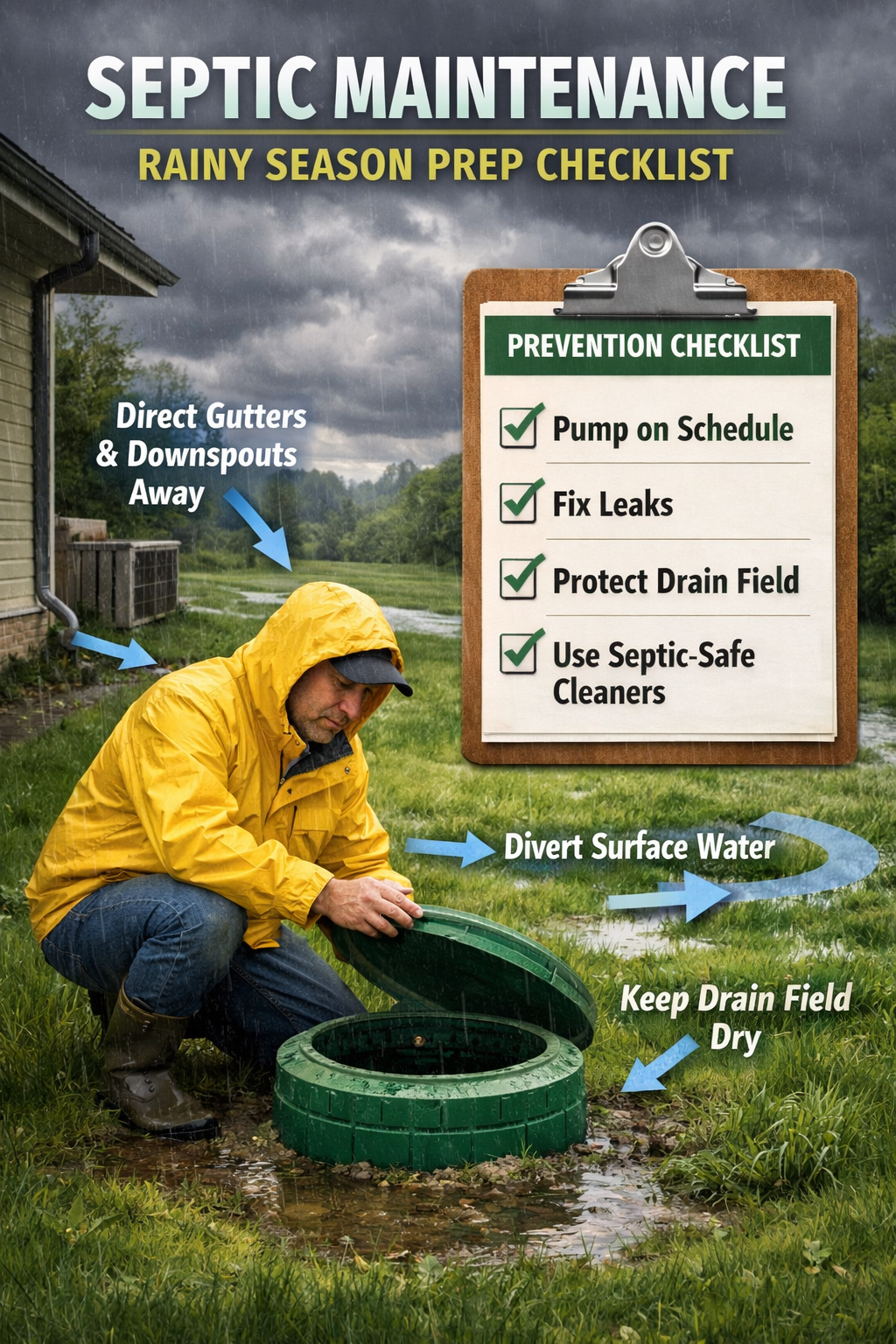 Seasonal prevention checklist image for septic maintenance before rainy weather. Show a homeowner in a rain jacket