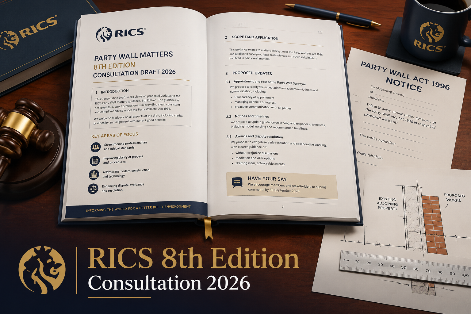 () editorial illustration showing a formal RICS consultation document spread open on a mahogany desk, surrounded by a gavel,