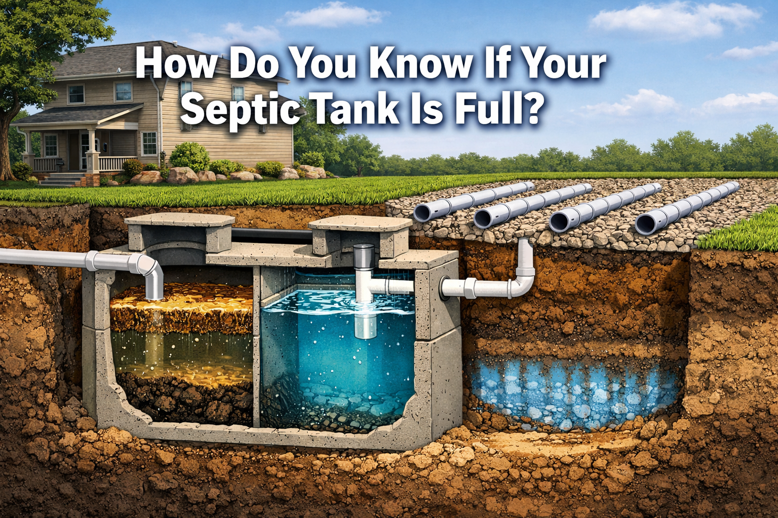 Professional landscape format (1536x1024) hero image with bold text overlay 'How Do You Know If Your Septic Tank Is Full?' in extra large 72