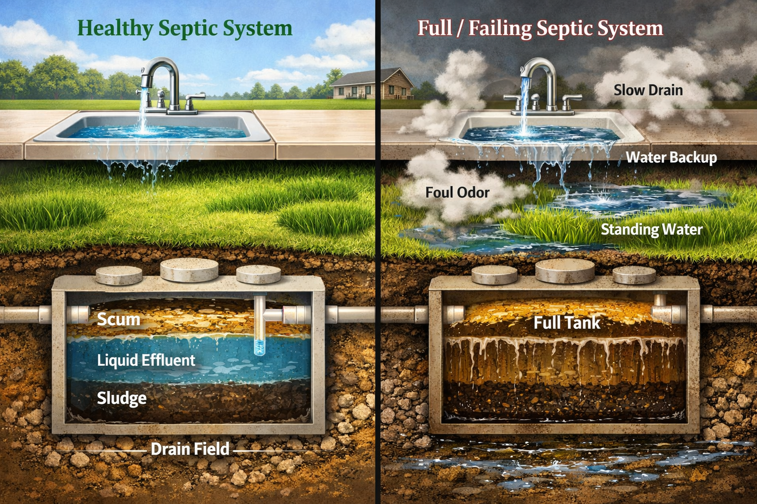 Landscape format (1536x1024) detailed illustration showing warning signs of full septic tank including slow draining sink with water backup,