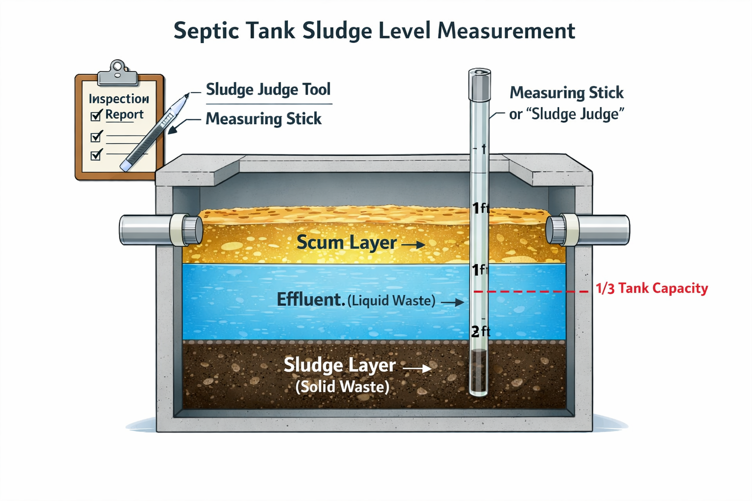 Landscape format (1536x1024) technical diagram showing septic tank sludge level measurement using measuring stick or sludge judge tool. Cros