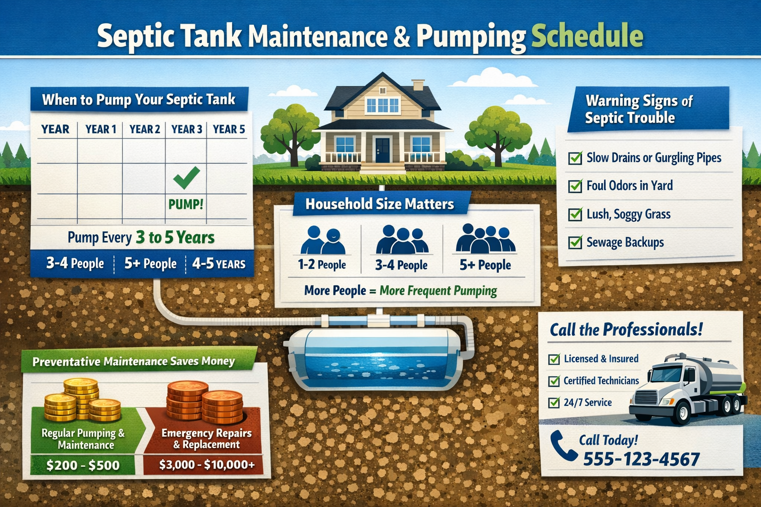 Landscape format (1536x1024) infographic showing septic tank maintenance timeline and pumping schedule. Calendar grid displaying 3-5 year pu