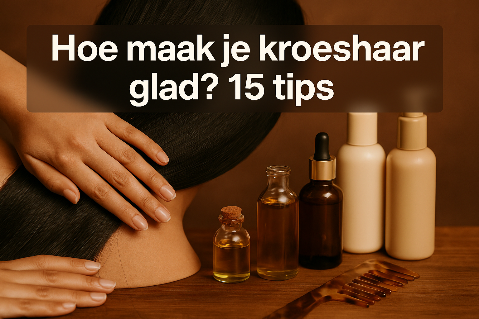 Hoe maak je kroeshaar glad? 15 tips voor prachtig, glad haar 1 Professional landscape hero image (1536x1024) featuring bold text overlay 'Hoe maak je kroeshaar glad? 15 tips' in extra large 72pt white sa