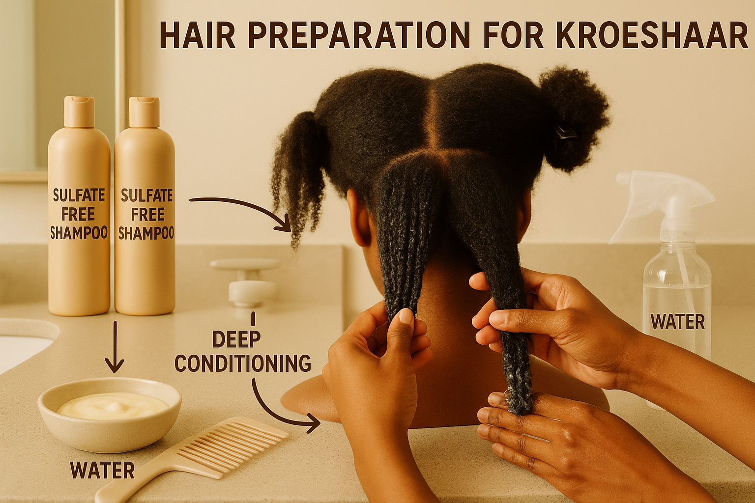 Hoe maak je kroeshaar glad? 15 tips voor prachtig, glad haar 2 Detailed landscape image (1536x1024) showing step-by-step hair preparation process for kroeshaar, featuring sulfate-free shampoo bottles lab
