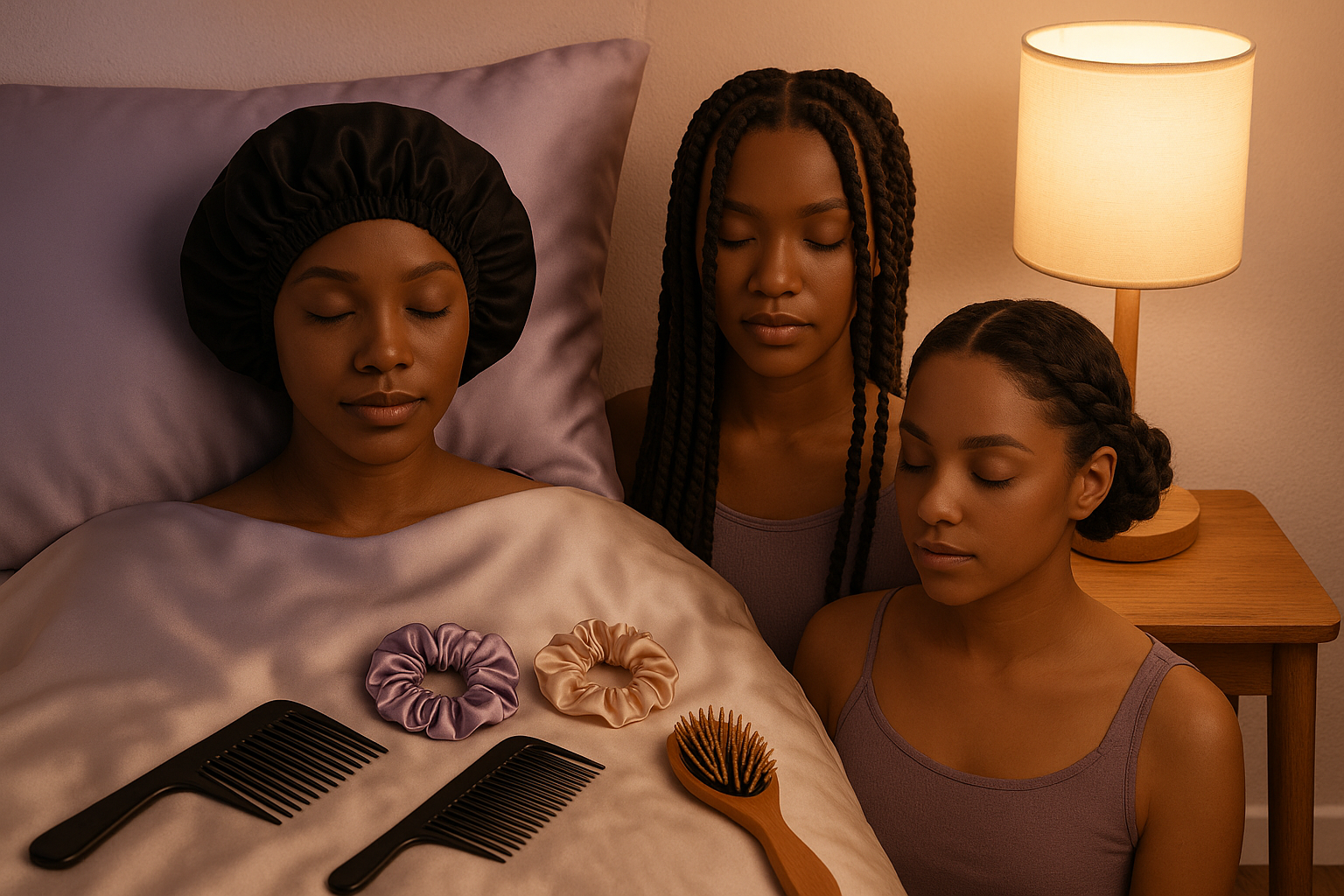 Hoe maak je kroeshaar glad? 15 tips voor prachtig, glad haar 4 Landscape editorial image (1536x1024) featuring heat-free styling techniques for kroeshaar, showing silk or satin bonnet, pillowcase, and pr