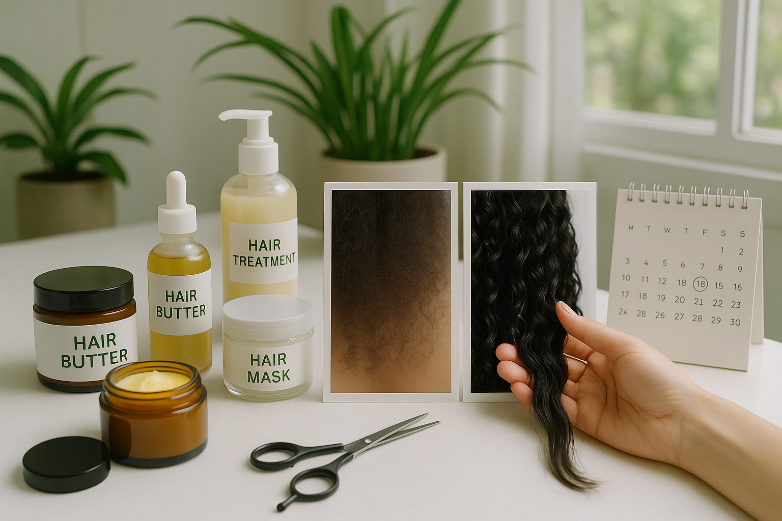 Hoe maak je kroeshaar glad? 15 tips voor prachtig, glad haar 5 Detailed landscape image (1536x1024) showcasing natural hair care products and maintenance routine, featuring array of hair butters, oils, a