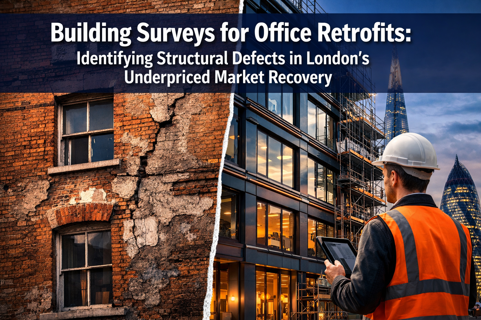 Professional landscape format (1536x1024) editorial hero image featuring bold text overlay 'Building Surveys for Office Retrofits: Identifyi