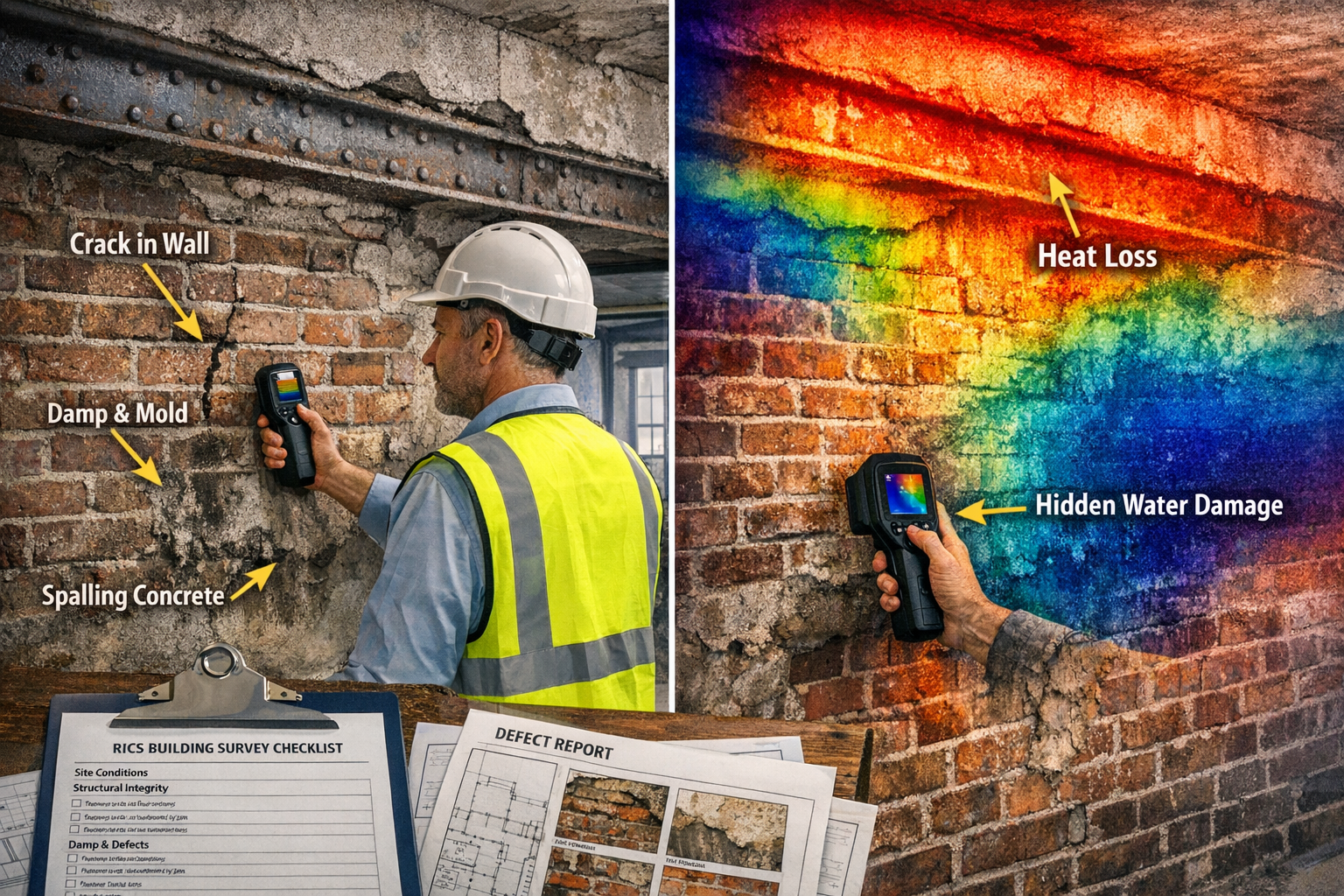 Detailed landscape format (1536x1024) image showing professional building surveyor in hard hat and high-visibility vest conducting structura