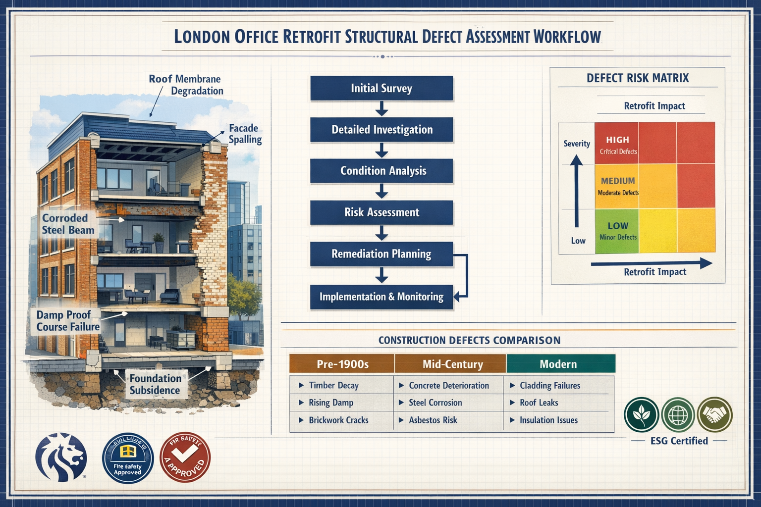 Detailed landscape format (1536x1024) infographic-style image displaying comprehensive structural defect assessment workflow for London offi