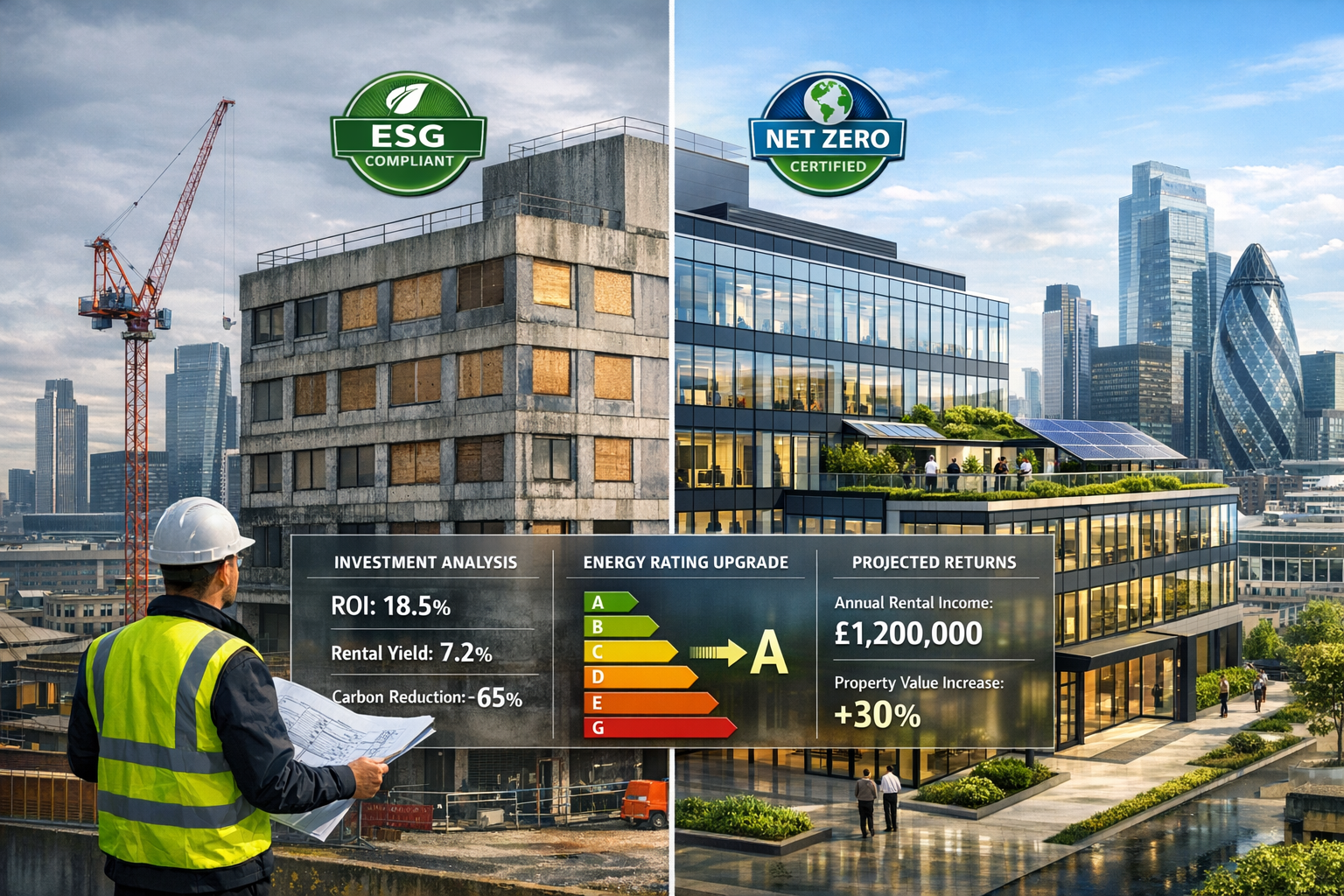 Detailed landscape format (1536x1024) image depicting modern London office building mid-retrofit transformation showing investment opportuni