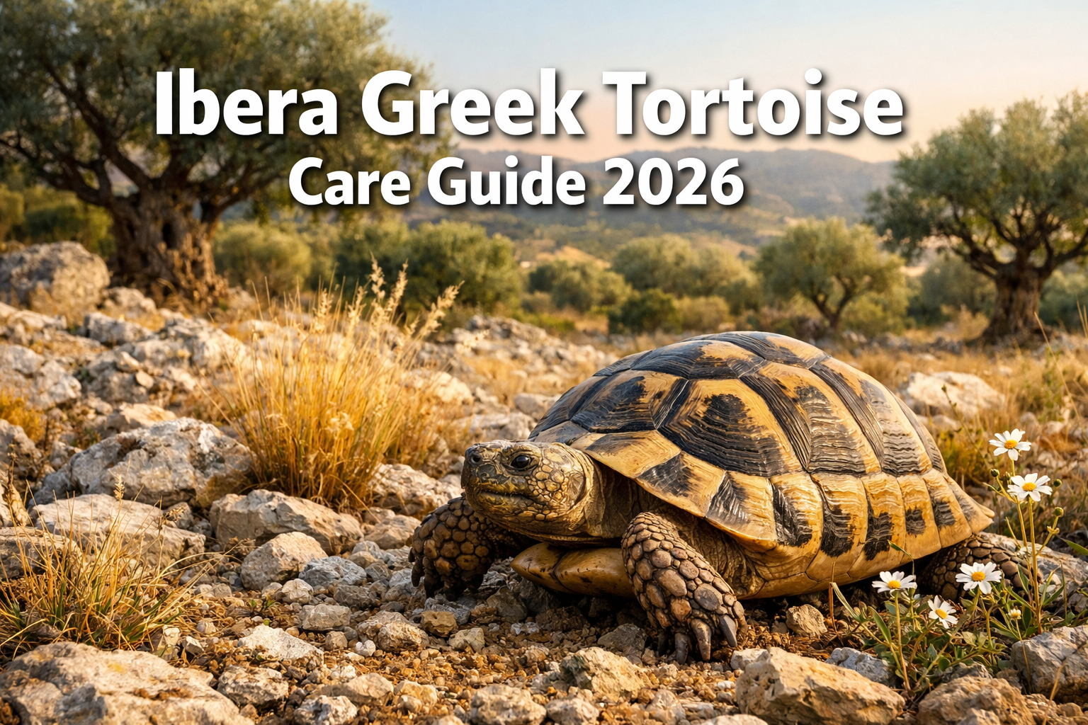 Professional landscape hero image (1536x1024) featuring bold text overlay 'Ibera Greek Tortoise Care Guide 2026' in extra large 72pt white s