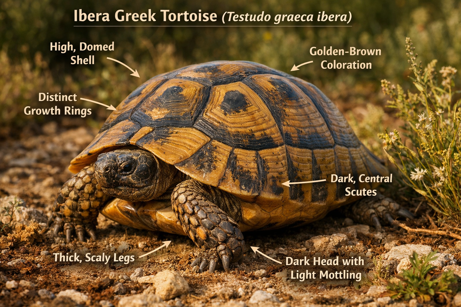 Detailed close-up landscape image of adult Ibera Greek tortoise showing distinctive shell patterns, golden-brown coloration, and characteris