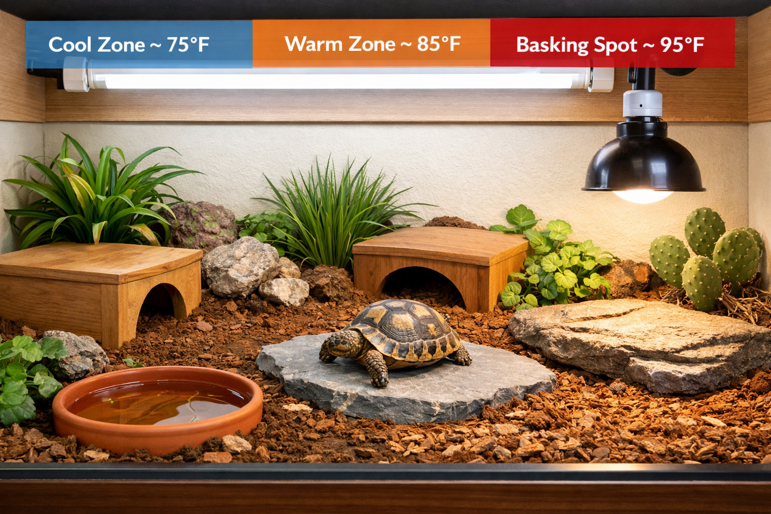 Indoor tortoise habitat setup showing proper enclosure for Ibera Greek tortoise with UVB lighting, basking spot, hide boxes, water dish, and