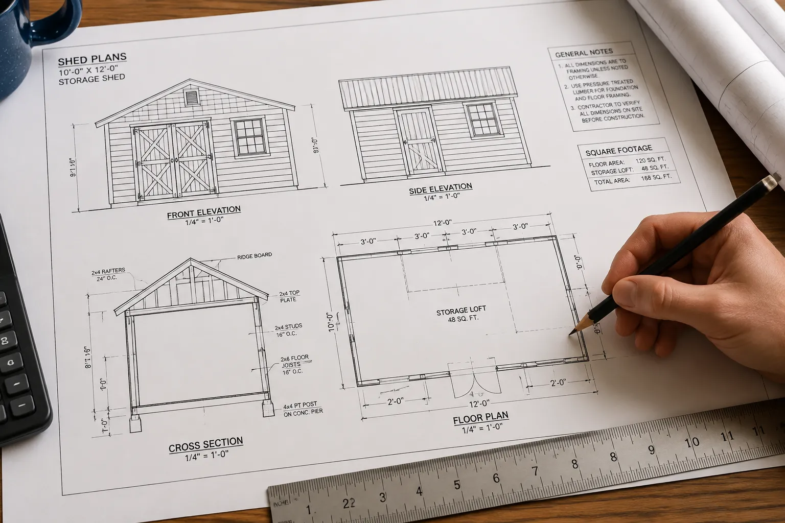 Editorial () image showing a detailed shed blueprint spread flat on a drafting table with a ruler and pencil marking