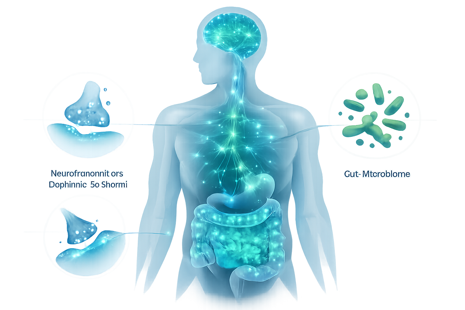 Gut Brain Axis infographic visualization: Stylized human body diagram with transparent torso, highlighting neural