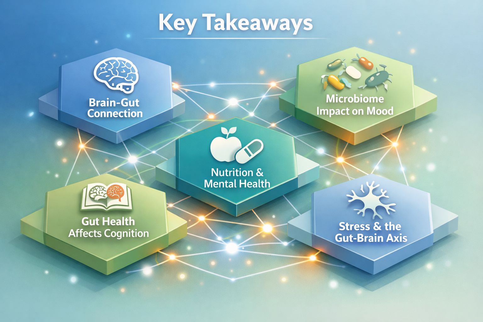 Key Takeaways section visual summary: Isometric infographic with 4-6 floating hexagonal platforms, each representing a